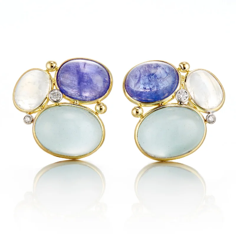 African Drop Earrings with Culture -Moonstone, Tanzanite & Aquamarine Cluster Earrings