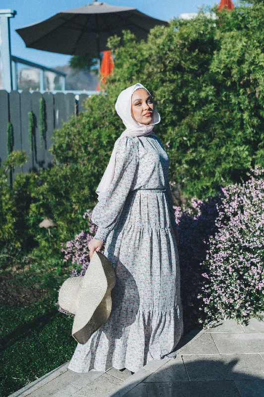 A-line Dresses for Flattering -Nova Smock Floral Dress- Sky Blue