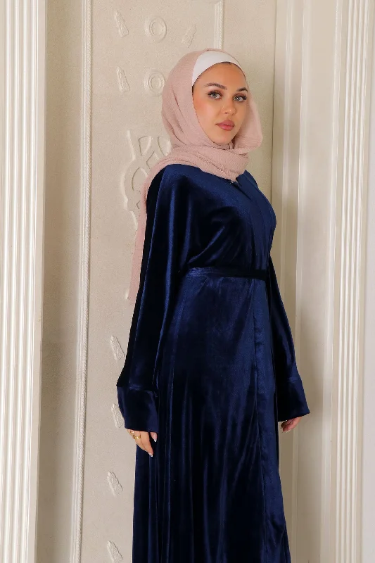 Pink Dresses for Feminine -Mariah Velvet Open Abaya- Navy Blue