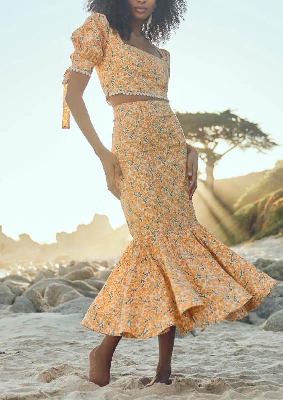 Red Dresses for Statement -Patsy Fluted Pencil Skirt in Ivory & Clementine Floral