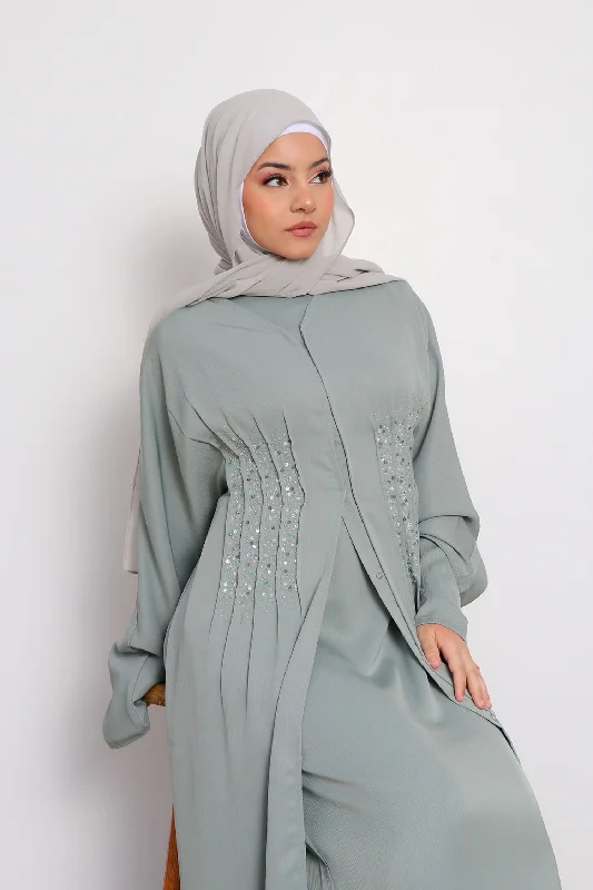 Birthday Dresses for Celebration -Aaira Textured Beaded Open Abaya- Mint