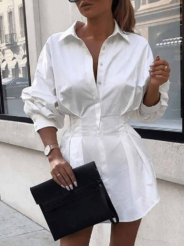 Short-sleeved Dresses for Summer -Women Solid Lapel Long Sleeves Tie Waist Casual Shirt Dress