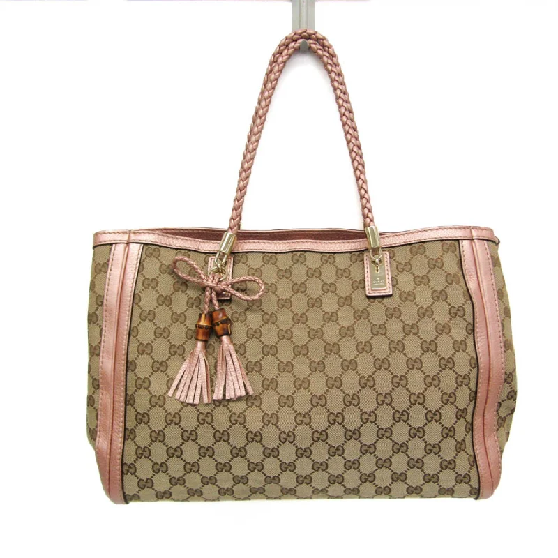 Handle bags with rustic leather for charm -Gucci Gg Canvas  pink Leather Canvas Bamboo Tote Bag (Pre-Owned)