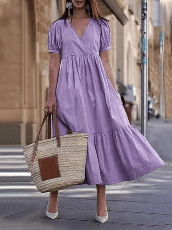 Resort Dresses for Vacation -Women Cotton V-Neck Puff Sleeve Holiday Pleated Stitching Maxi Dress