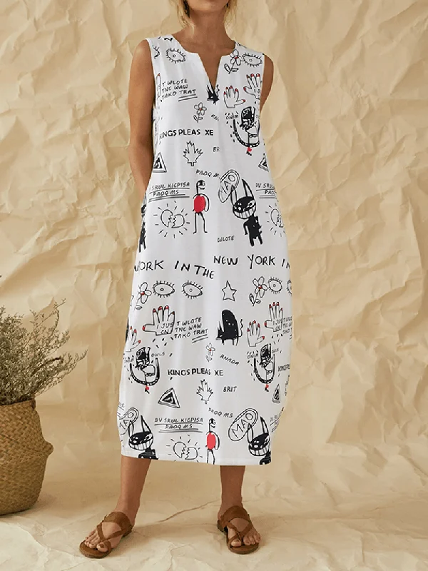 Silk Dresses for Luxurious -Cartoon Fun Graffiti Print Sleeveless V-Neck Casual Dress with Pocket