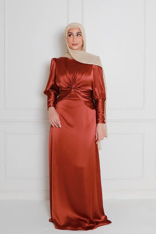 Vintage Dresses for Nostalgia -Olivia Wrap Satin Dress- Burnt Orange