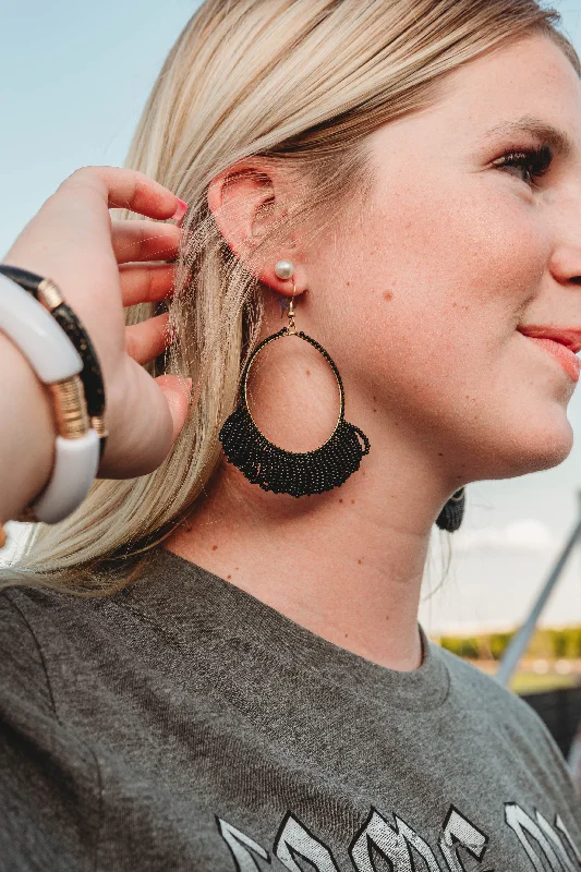 Drop Earrings with Chevron Designs -BLACK FRINGE HOOP SEED BEAD EARRINGS