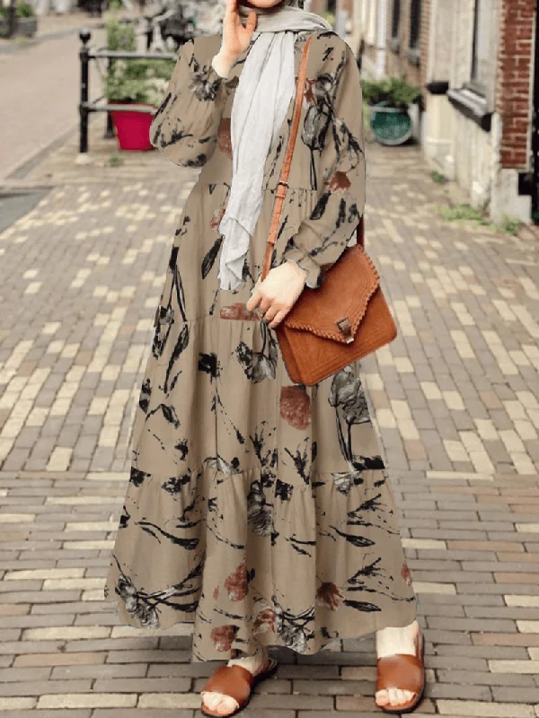 Valentine's Day Dresses for Romance -Women Retro Floral Printing Puff Sleeve O-Neck Casual Holiday Maxi Dress