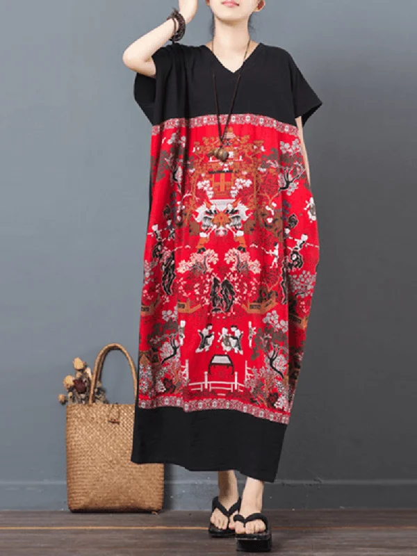 Office Dresses for Business -Folk Style Print Patchwork Maxi Dresses