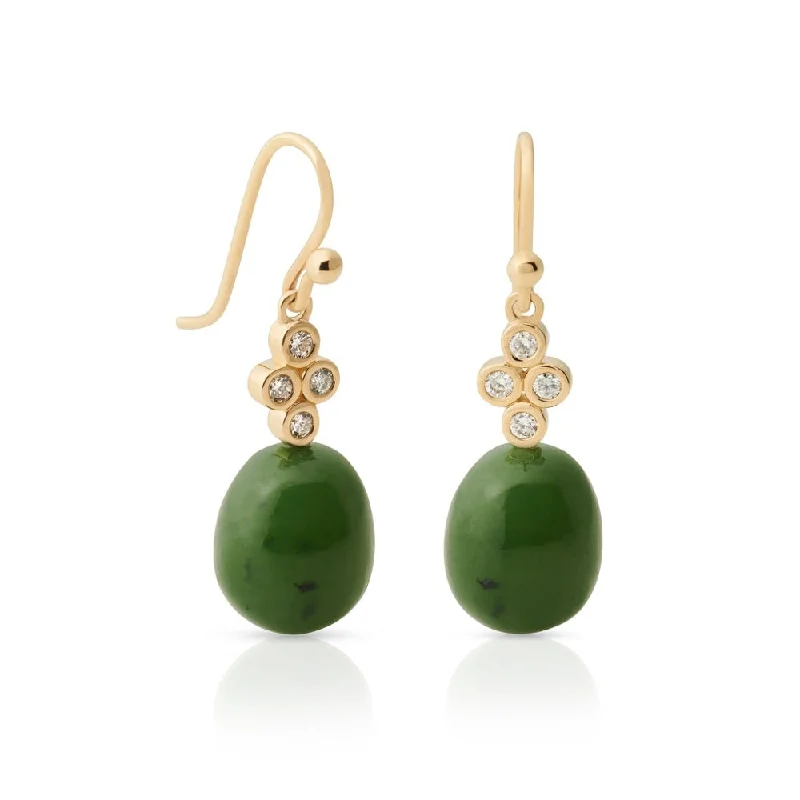 Drop Earrings for Valentine's Day -Green Nephrite Jade & Diamond Drop Earrings