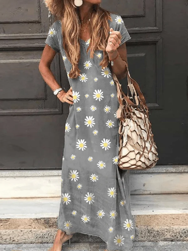 Contemporary Dresses for Fashion -Daisy Print V-Neck Short Sleeve Casual Loose Maxi Dress for Women