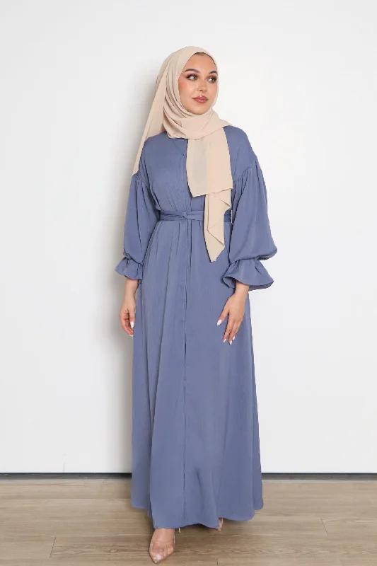 Leather Dresses for Luxury -Darya Textured Balloon Sleeve Abaya- Dusty Blue