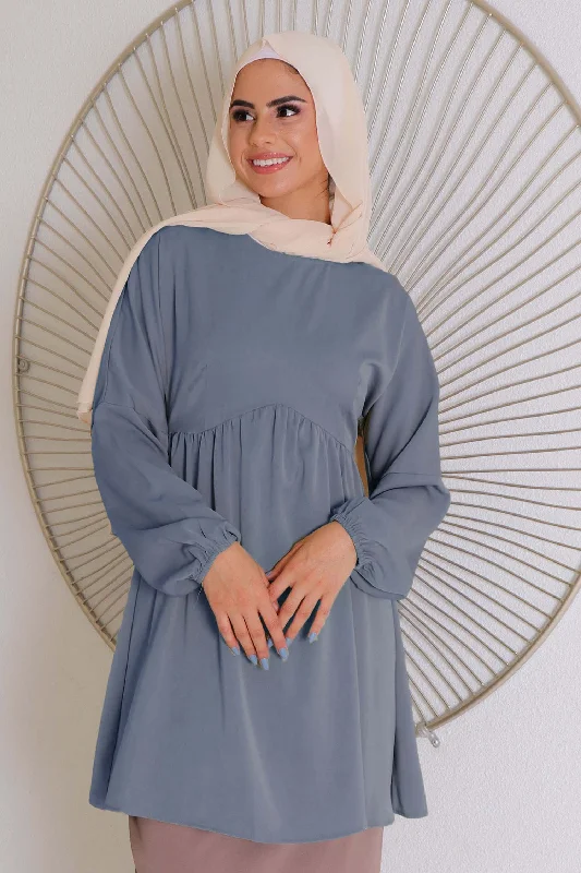 Zippered Dresses for Convenience -Kim Smock Top- Blue Gray