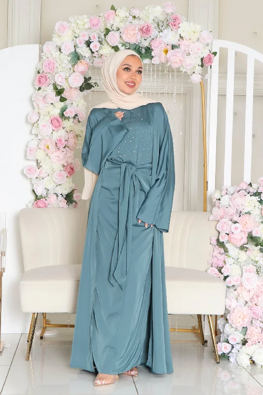 Anniversary Dresses for Special -Celene Beaded Wrap Abaya Set- Teal