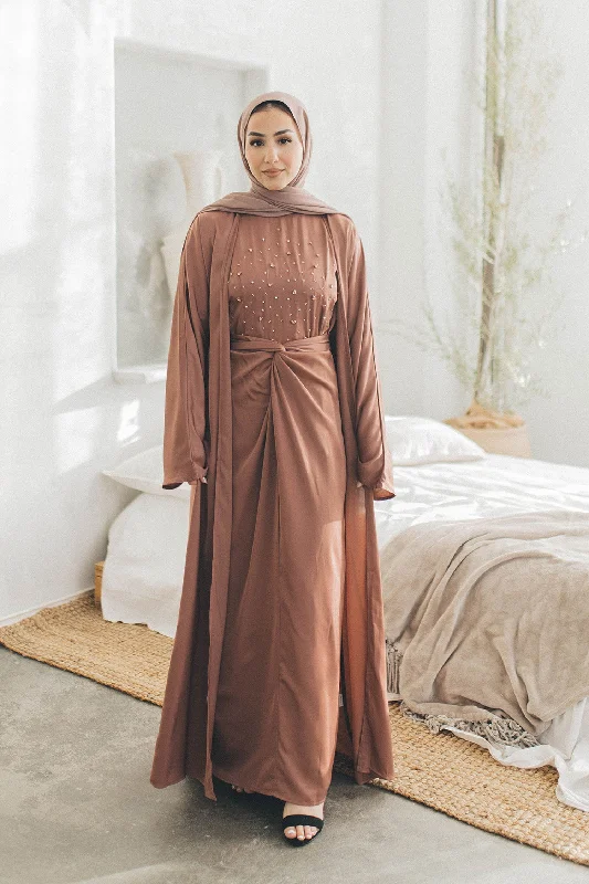 Cocktail Dresses for Party Time -Celene Beaded Wrap Abaya Set- Nude Pink