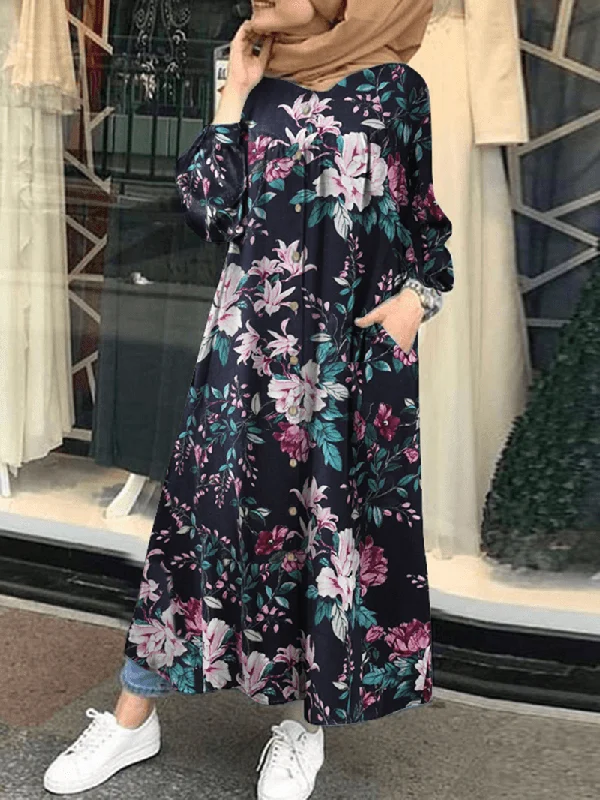 Cocktail Dresses for Party Time -Women 100% Cotton Floral Print Mid-Calf Length Kaftan Maxi Dresses with Side Pocket