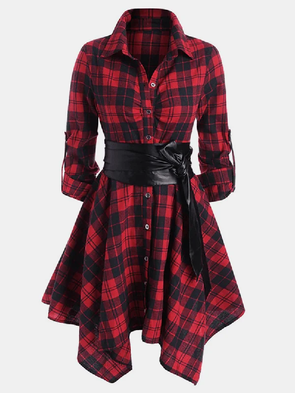 Flared Dresses for Retro -Women Classic Plaid Asymmetrical Shirt Dress with Belt