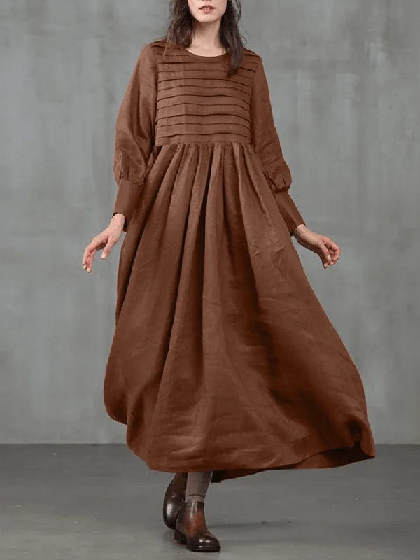 Brown Dresses for Earthy -Vintage Puff Sleeve O-Neck Solid Color Side Pocket Pleated Maxi Dress for Women