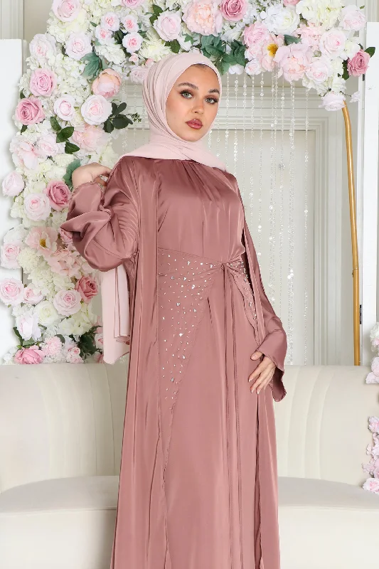 Rhinestone Dresses for Bling -Aurora Beaded Tie Abaya Set- Nude Pink