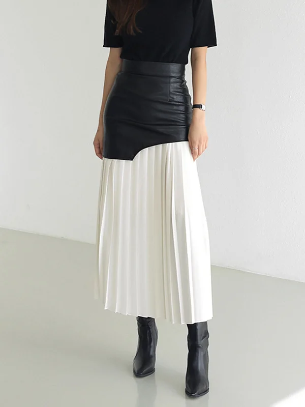 Punk Dresses with Spikes -Asymmetric Patchwork Faux Leather Modern Chiffon Pleated Midi Skirt