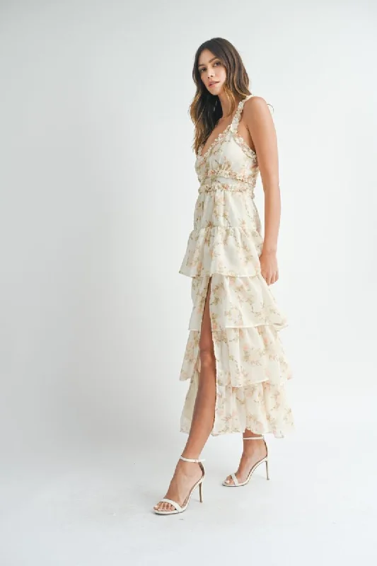 Nylon Dresses for Stretchable -FLORAL TIERED MAXI DRESS