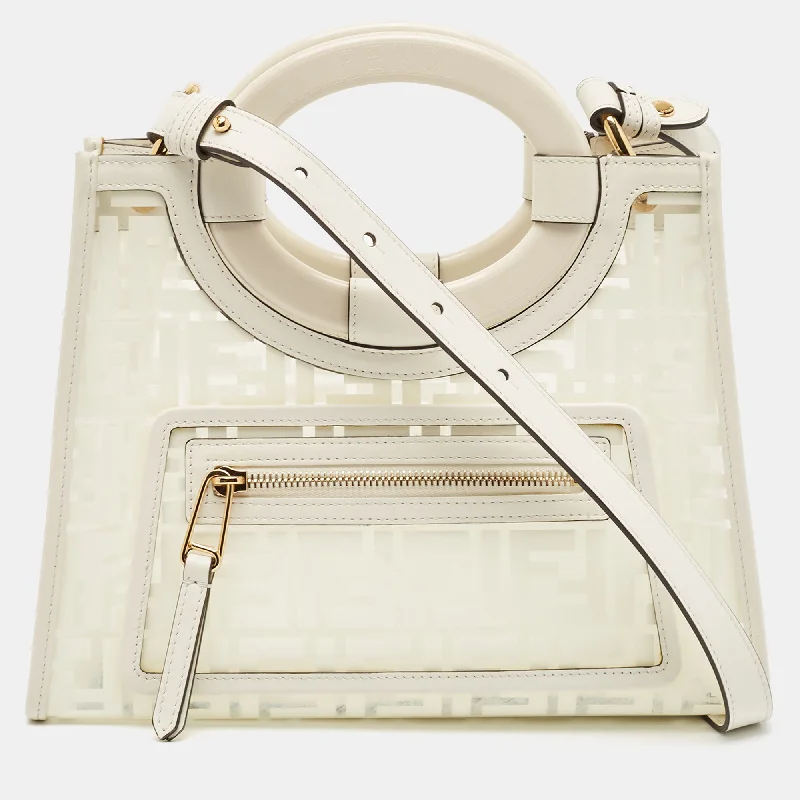 Handle bags with floral embroidery for detail -Fendi Transparent/off White Zucca Pvc And Leather Small Runaway Shopper Tote