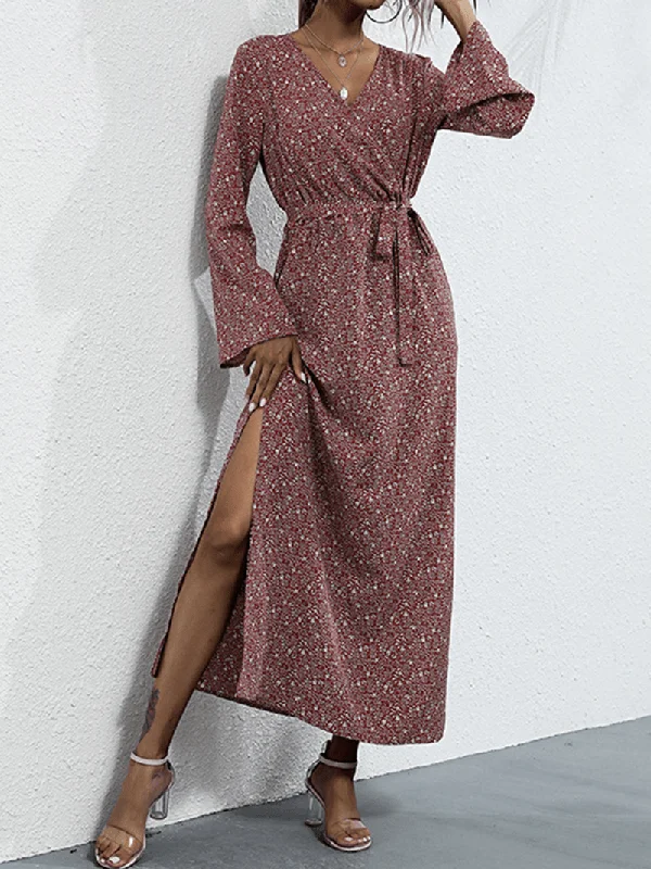 Cocktail Dresses for Party Time -Women Ethnic Style Print Long Sleeve Side Split Casual Maxi Dresses