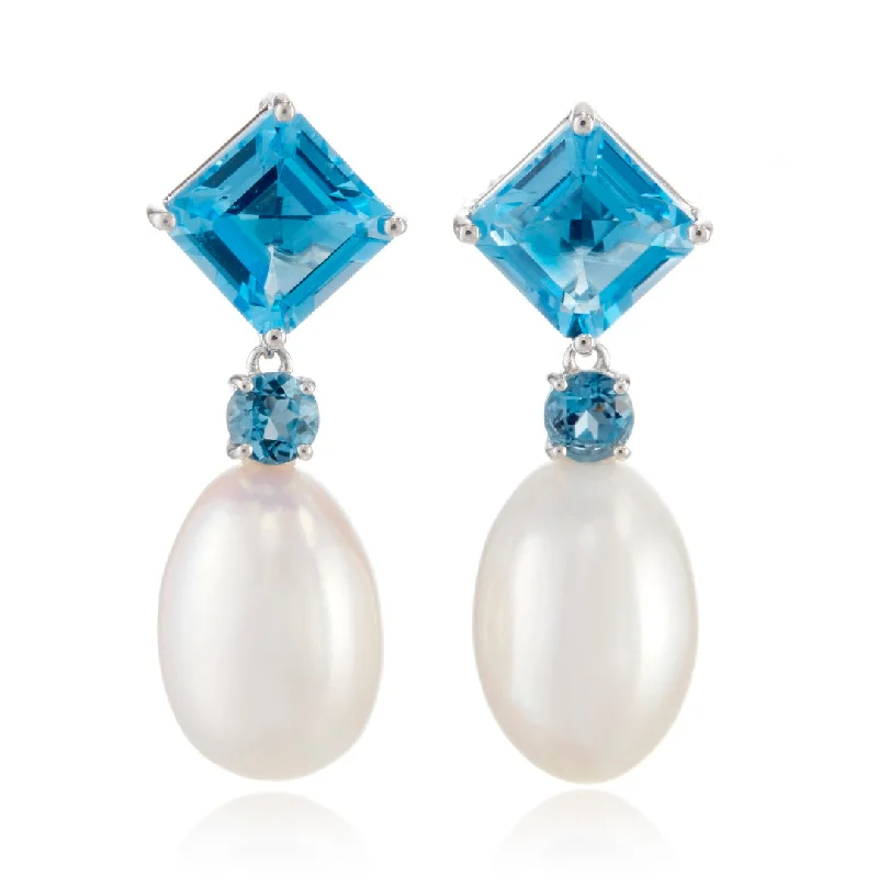 Silver Drop Earrings for Men -Carmel Drop Earrings in Blue Topaz & Pearls