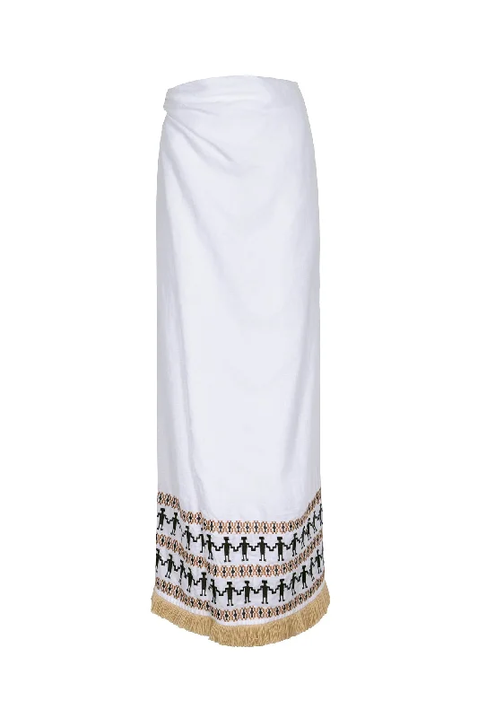 Ethnic Dresses with Tribal Design -Guainia Linen Midi Skirt in White Embroidered