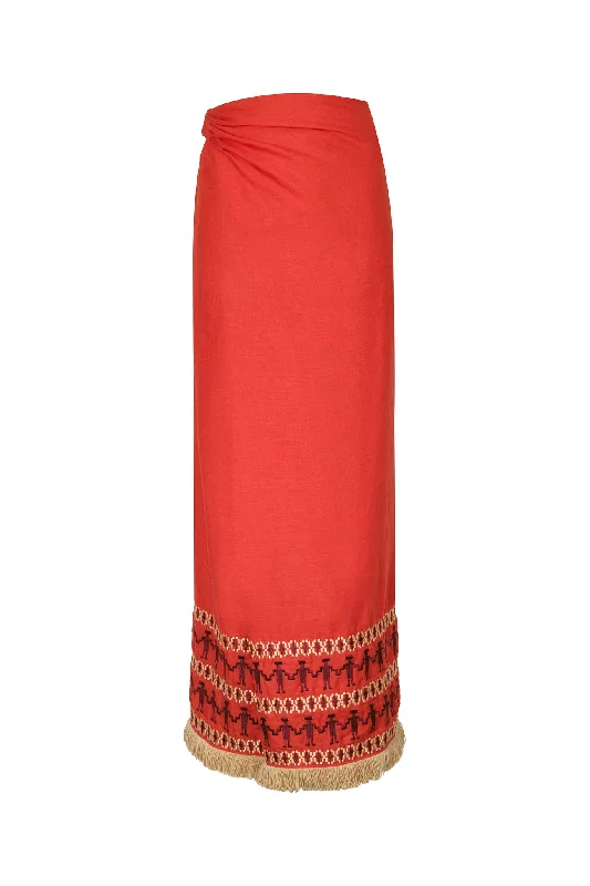 Purple Dresses for Royalty -Guainia Linen Midi Skirt in Red Embroidered