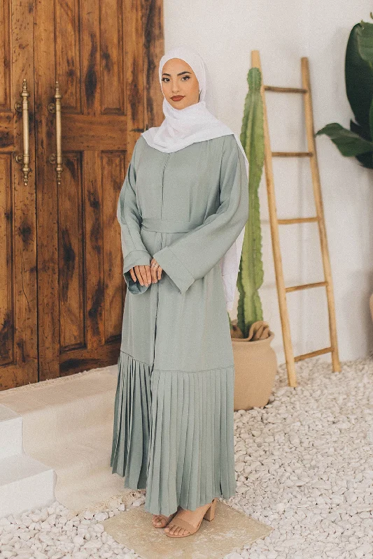 Beige Dresses for Neutral -Sahra Open Pleat Abaya- Mint Gray