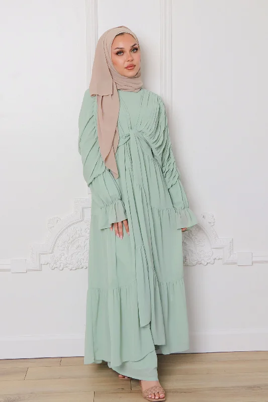 Faux Leather Dresses for Affordable -Saleema Chiffon Open Abaya - Light Sage