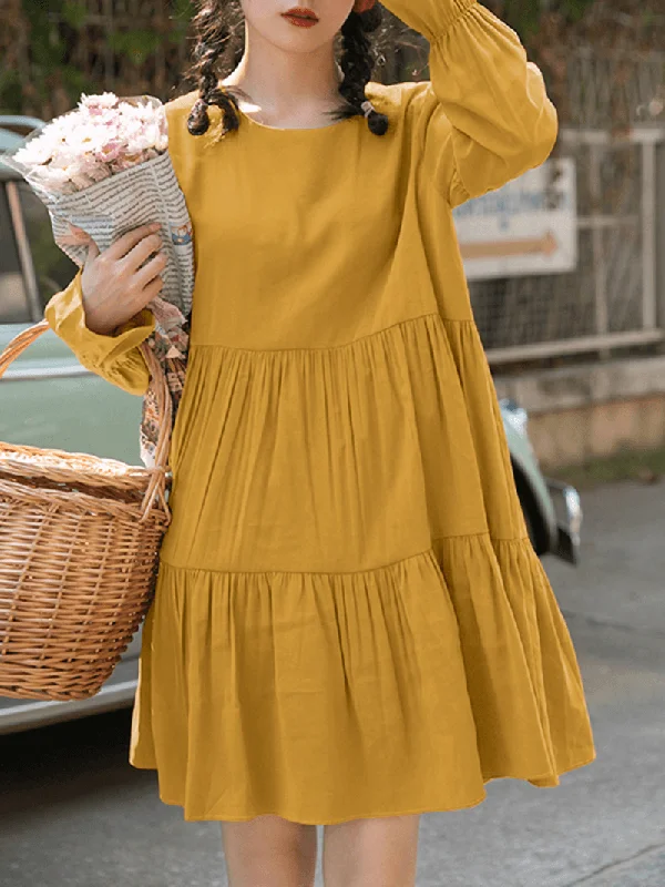 Office Dresses for Business -Women Cotton Solid Color Pleats O-Neck Long Sleeve Casual Dress