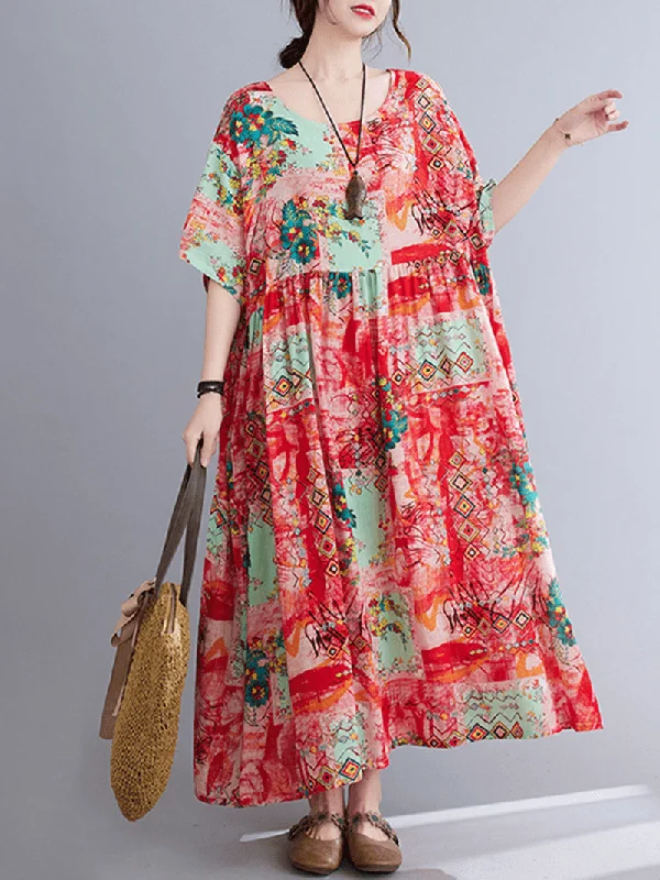 Capri Dresses for Playful -O-Neck Floral Loose Bohemian Casual Summer Dress for Women