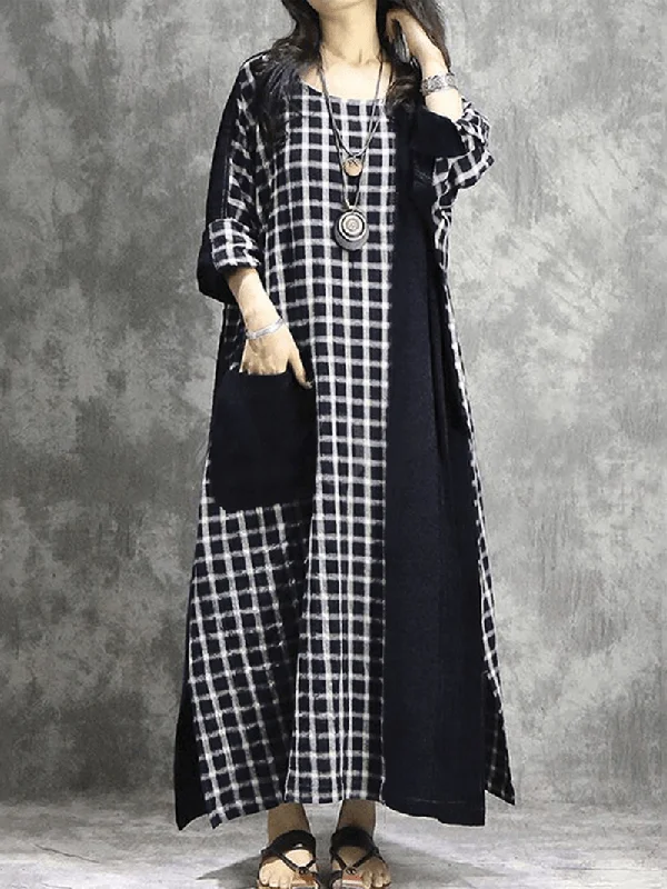 Party Dresses for Celebration -Plaid Patchwork round Neck Long Sleeve Casual Maxi Dress