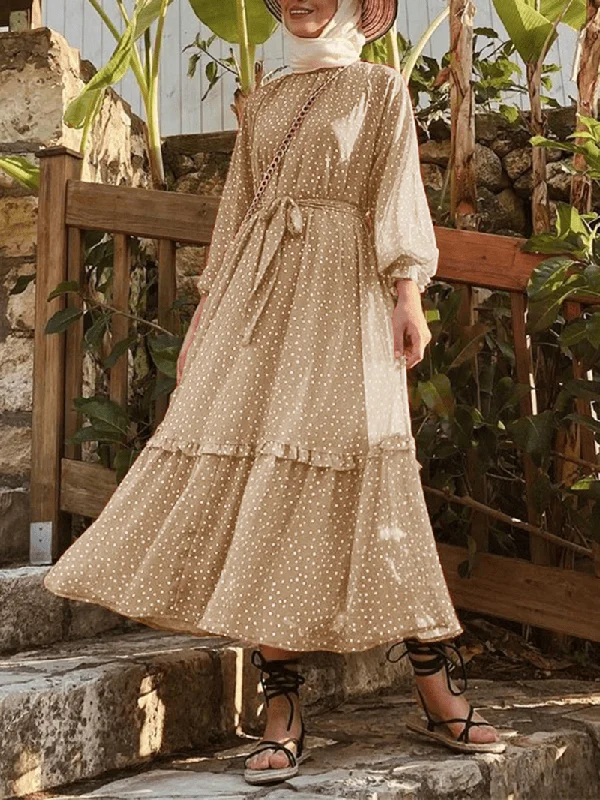 Brown Dresses for Earthy -Polka Dot Print Frill Trim Lace up Casual Long Puff Sleeve Maxi Dresses for Women