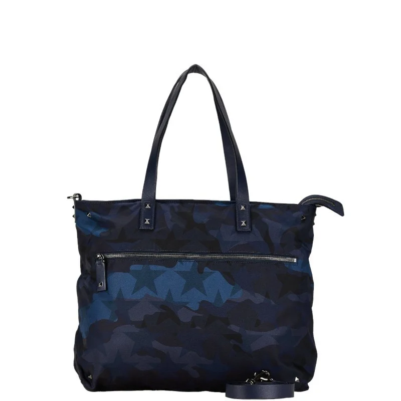 Handle bags with rugged canvas for outdoors -Valentino blue Camouflage Navy Nylon Leather Shoulder Bag Tote Bag (Pre-Owned)