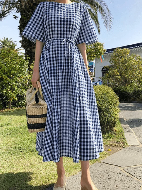 One-shoulder Dresses for Trendy -Women Summer Short Sleeve Plaid Bow-Knot Casual Dress