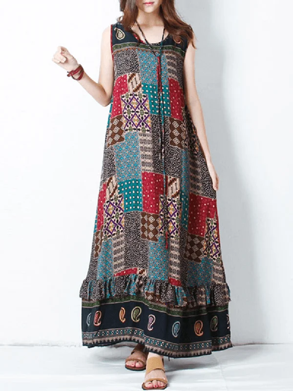 Beaded Dresses for Glamour -Bohemian Women Sleeveless O-Neck Printed Maxi Tank Dress