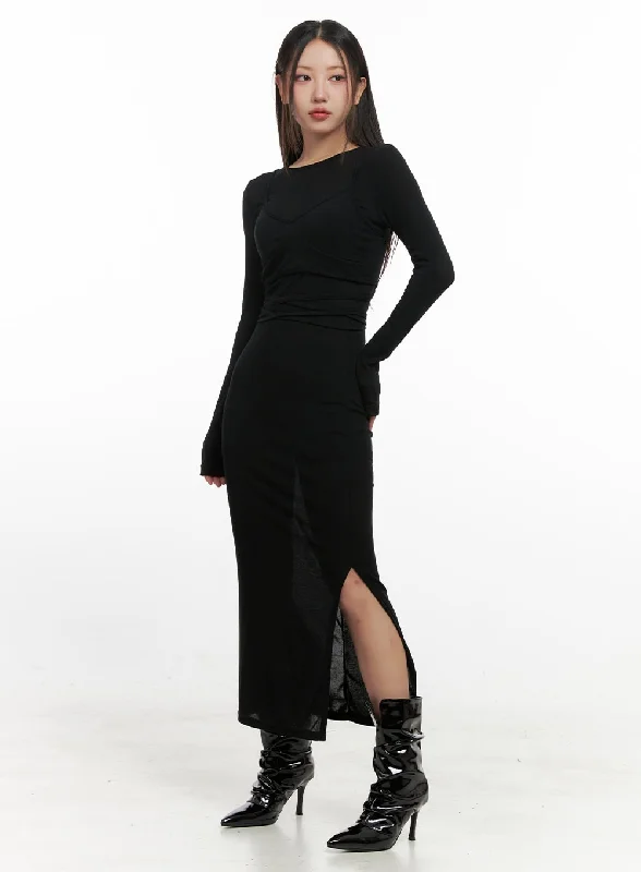 Black Dresses for Versatile -Elegant Round Neck Long Sleeve Maxi Dress CN419