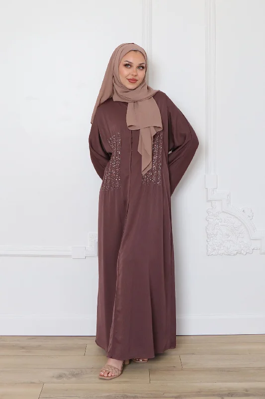 Christmas Dresses for Holiday -Aaira Textured Beaded Open Abaya- Mocha