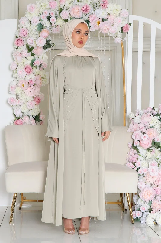 Embroidered Dresses for Detailed -Aurora Beaded Tie Abaya Set- Light Sage