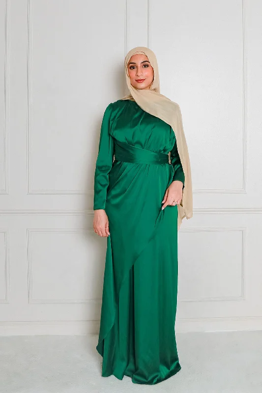 Minimalist Dresses for Simplicity -Sarai Layer Satin Dress- Hunter Green