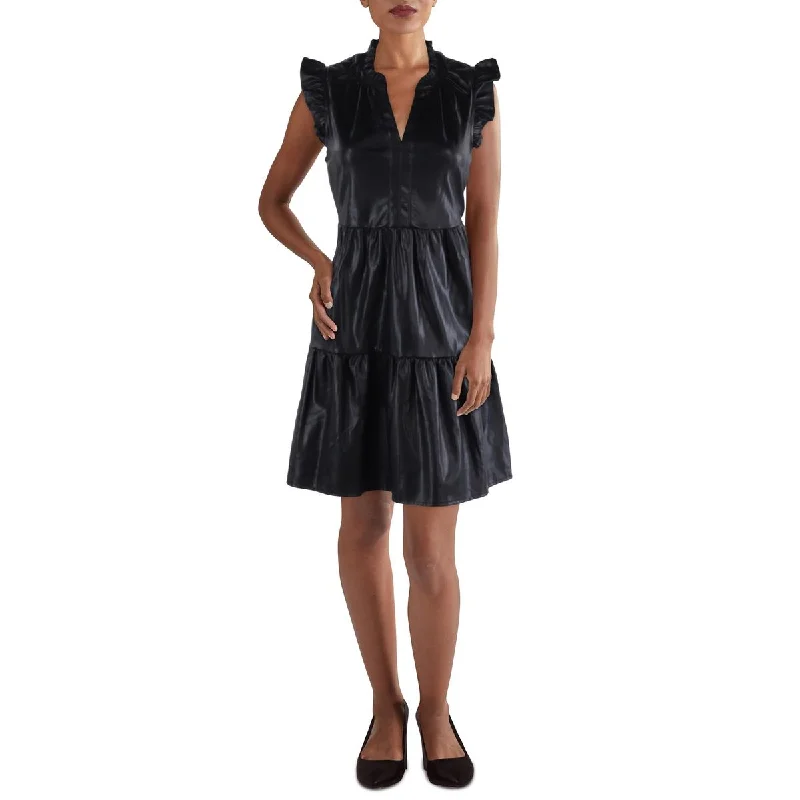 Mini Dresses for Youthful Look -Skies Are Blue Womens Faux Leather Ruffled Fit & Flare Dress