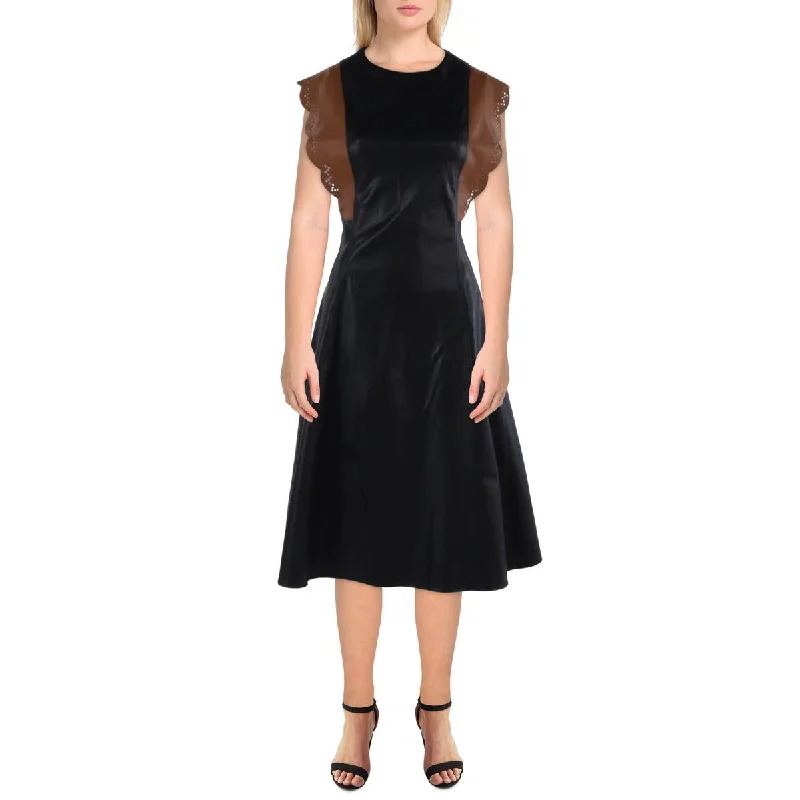 Beaded Dresses for Glamour -Gracia Womens Faux Leather Colorblock Midi Dress