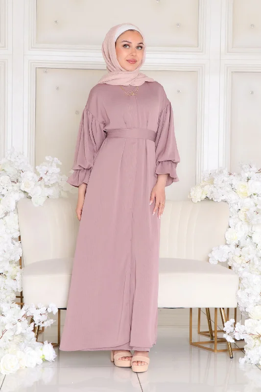 Cotton Dresses for Comfort -Darya Textured Balloon Sleeve Abaya- Dusty Rose Pink