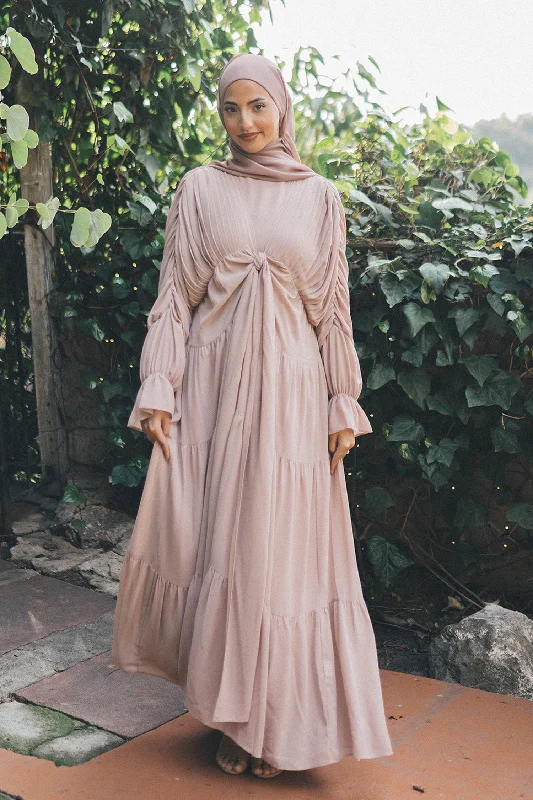 Beige Dresses for Neutral -Saleema Chiffon Open Abaya- Dusty Rose