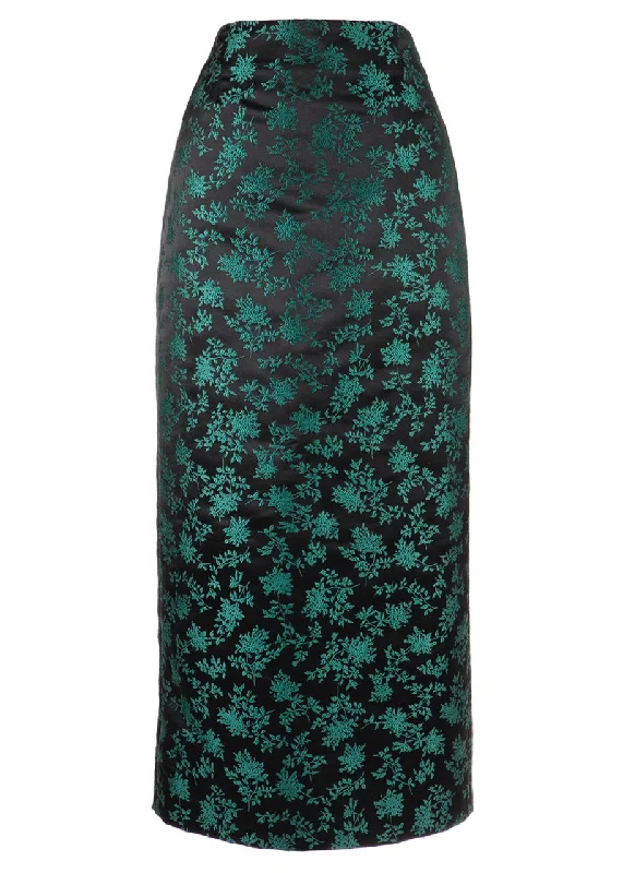 Short-sleeved Dresses for Summer -Deanna Pencil Skirt in Green & Black Floral