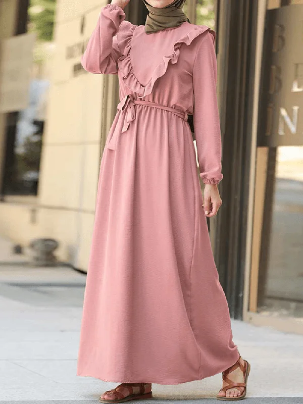 Maxi Dresses for Elegant Style -Women Ruffle Trims Lace-Up Solid Color O-Neck Casual Long Sleeve Maxi Dress