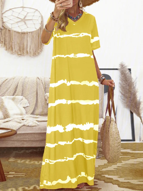 Bohemian Stripe Printed Clash Color Splicing Design V-Neck Dress